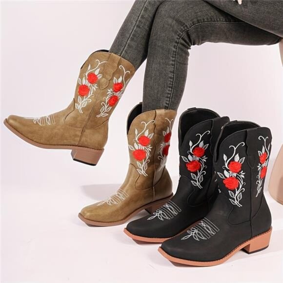 NWT Multiple Sizes Stylish Women's Embroidered Cowboy Boots Red Floral Design - Picture 5 of 9